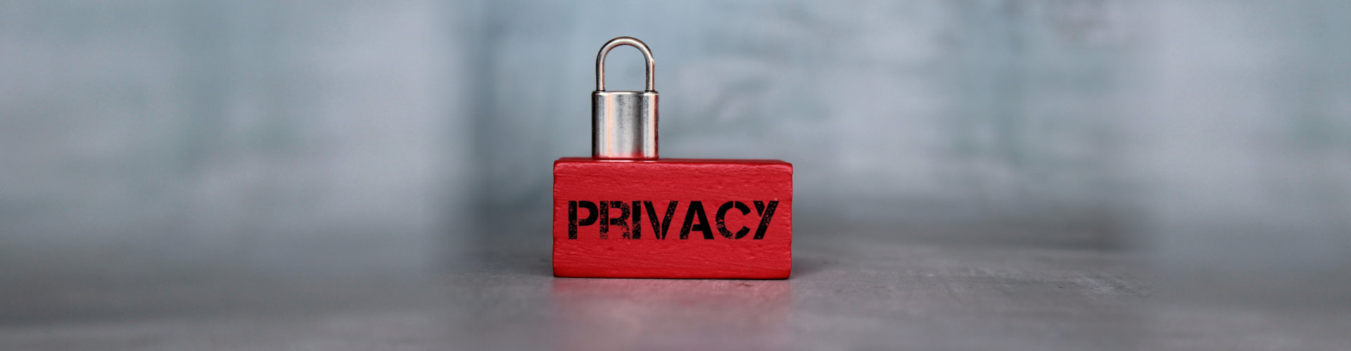 Close up image of padlock on wooden cube with text PRIVACY. Copy space for text